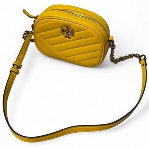 Tory Burch Kira Yellow Quilted Chevron Camera Crossbody Bag Leather Designer